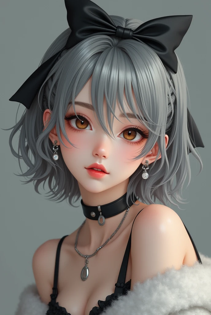 cute, ultra-Detailed, figure, Complex, Detailed, extremely Detailed, Detailed face, Smooth Lighting, Smooth Light, Soft Focus, Perfect Face, beautiful, Accurate anatomy, Exposure, 8k, 4K, (High resolution:1.1), Highest quality, (Artwork:1.3), 1 girl, Independent, jewelry, Brown eyes, Staring at the audience, Earrings, Grey Hair, Bans, choker, Mouth closed, Portraiture, attend, hair ornaments, Simple Background, Gray background, Long Hair, Headrest, lips, Hair bow, black choker, bow, eyelash