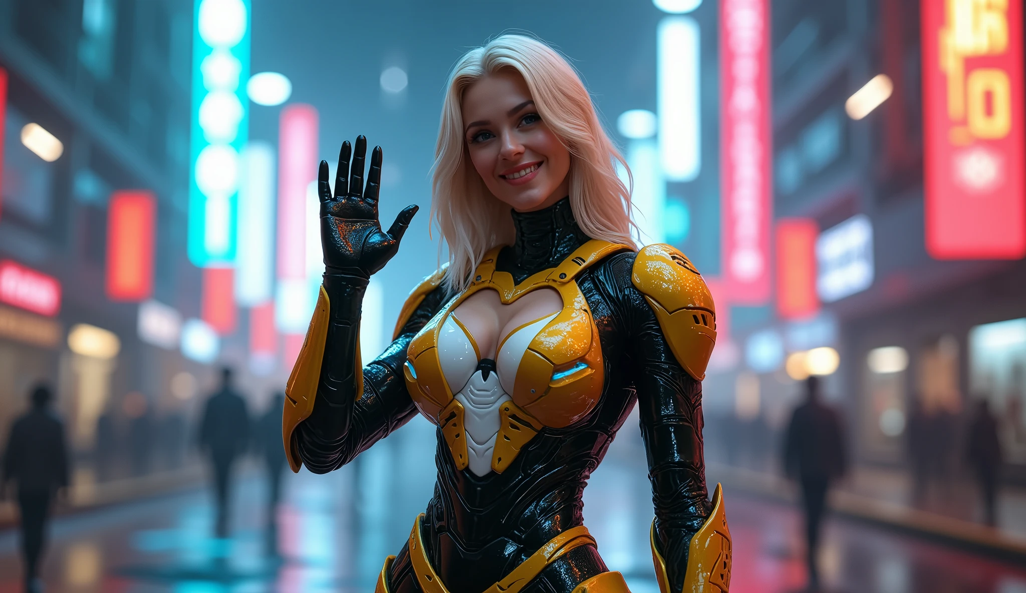 Keep the armor futuristic technology. You do NOT have to wear a helmet. I want it to be seen that it is a female human person maintaining the futuristic work. Place it in a city with RTX neon highlights. The character must be facing forward with his hand waving, smiling. Make the image lighter and the background darker. Blonde hair character. Image from the character's thighs. very busty. The armor must be gold in color, Black and white with strong light blue details.