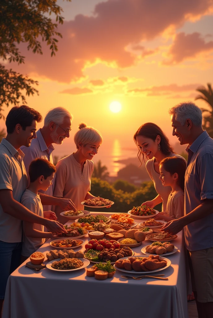 A family gathered around a buffet at sunset