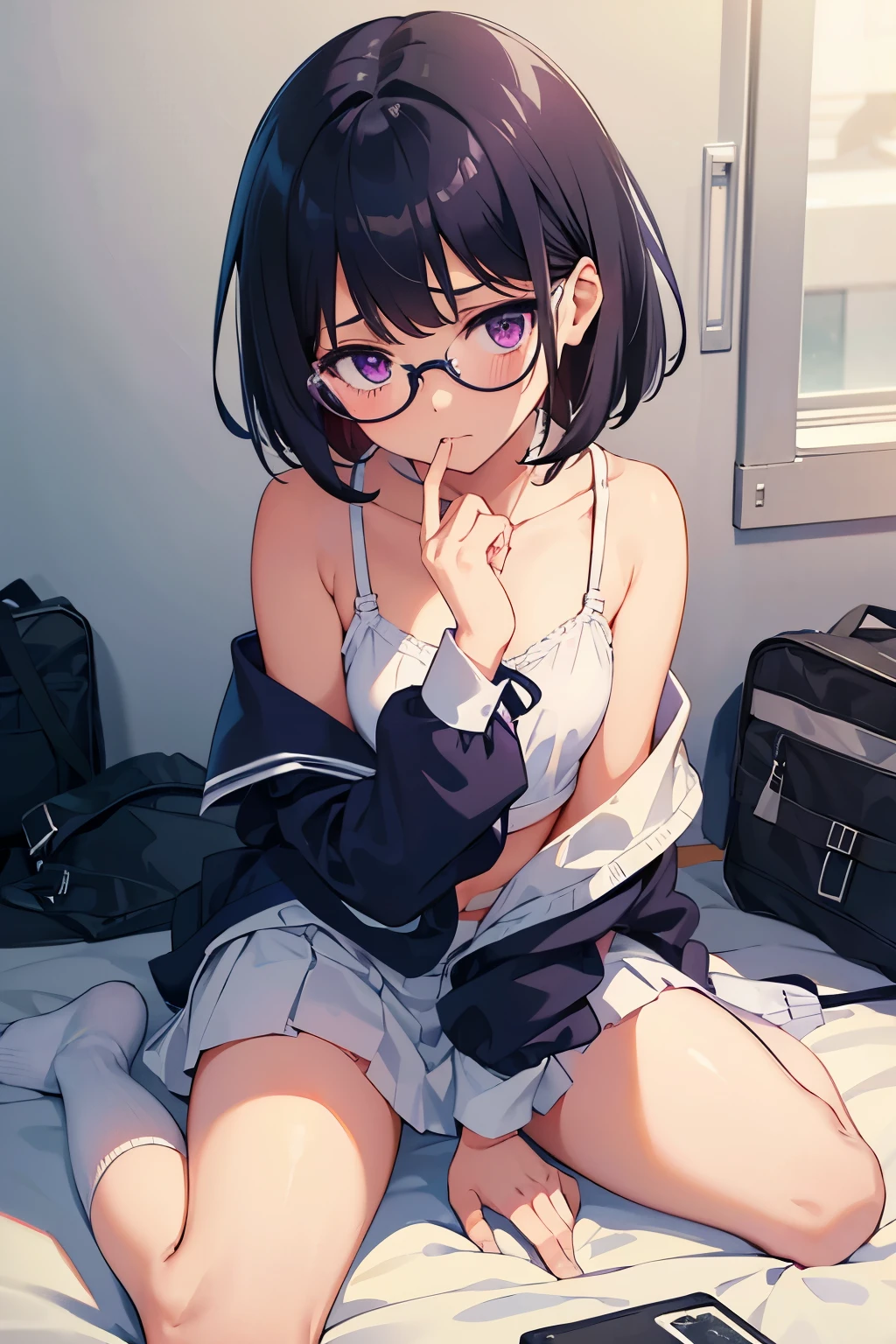 Elementary school student, 　  　Flat chest　 Black Hair 　Short Bob　 Glasses　 Purple Eyes　 Troubled expression　（（One person）） Plain white bra　Navy blue mini skirt　（（White panties are visible））White socks　Girls&#39; locker room at school　She is sitting on the sofa with her blouse off.　Your clothes are wet　 The bra is visible　Dynamic Angle　Low - Angle