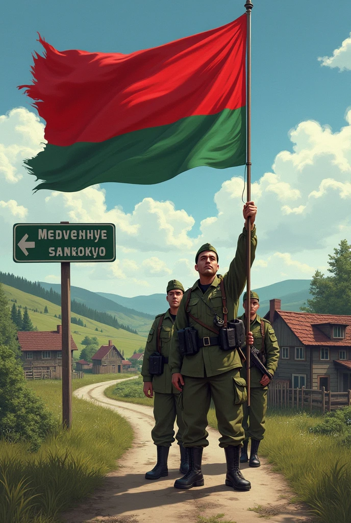 Create art, where Belarusian soldiers pose over a village with a flag (Their flag is white-red-white, it consists of three horizontal equal stripes - white, red, white, with the ratio of width and without coat of arms purely vertical flag white-red-white) behind them stood a road sign with the text Medvezhye-Sankovo