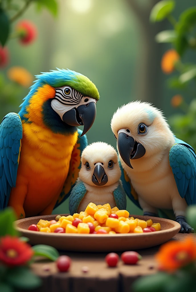 Two parrots eating with his parrot son