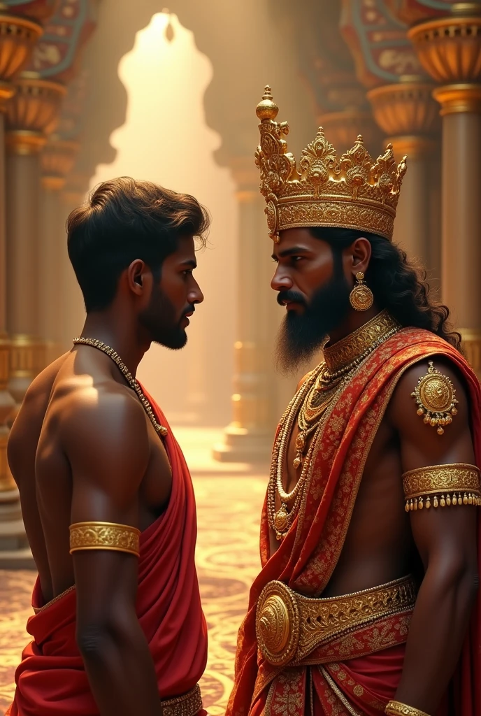 One bramhana men met a king on his kingdom and they both discussing about something ,that king looks very beautiful and. Golden ornaments on his body there is no body except king and young bramhana men 