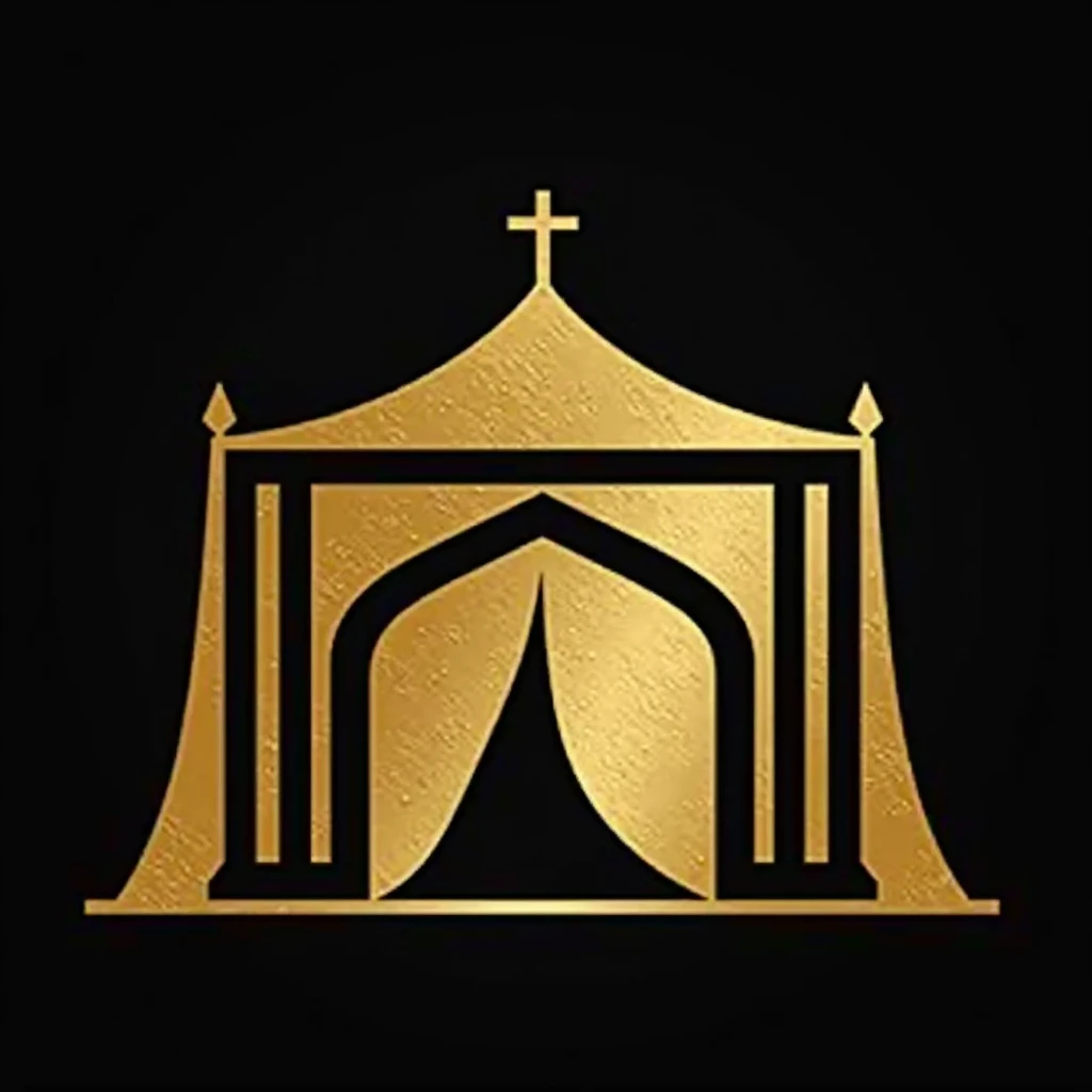 "Create a logo that resembles a tabernacle in the form of a tent, featuring a gold textured design. The tent should have a sleek and elegant look, with the gold texture adding a luxurious and sacred feel. Ensure the design is clear and symbolic, capturing the essence of the tabernacle while emphasizing the richness of the gold texture. The overall look should combine simplicity with a sense of reverence and spiritual significance."