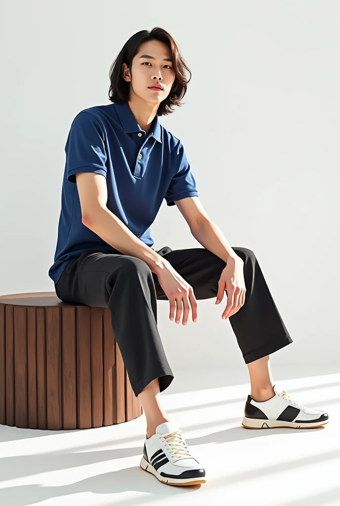1man, Sitting on the chair, short hair, flat and wrinkle free, Chinese, Blue polo shirt, looking at the camera, posing in the style of fashion magazines, UHD, super detail, textured skin, masterpiece, highres, high quality, best quality