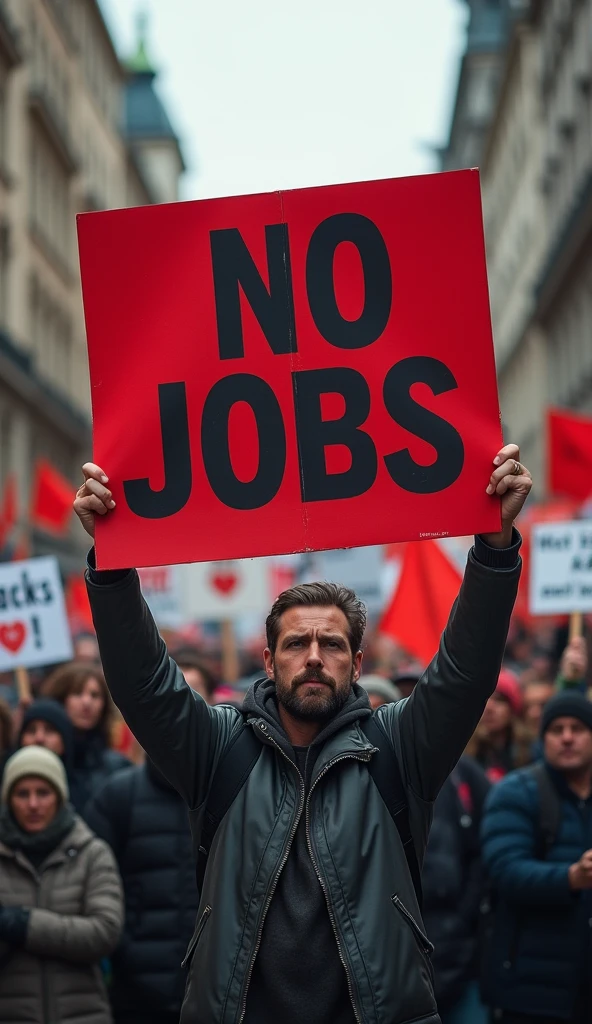 The image you provided shows a man holding a sign that reads "NO JOBS" in large red letters. Behind him is a crowd of people, many of whom appear to be holding protest signs. The atmosphere suggests a protest or demonstration regarding unemployment issues.