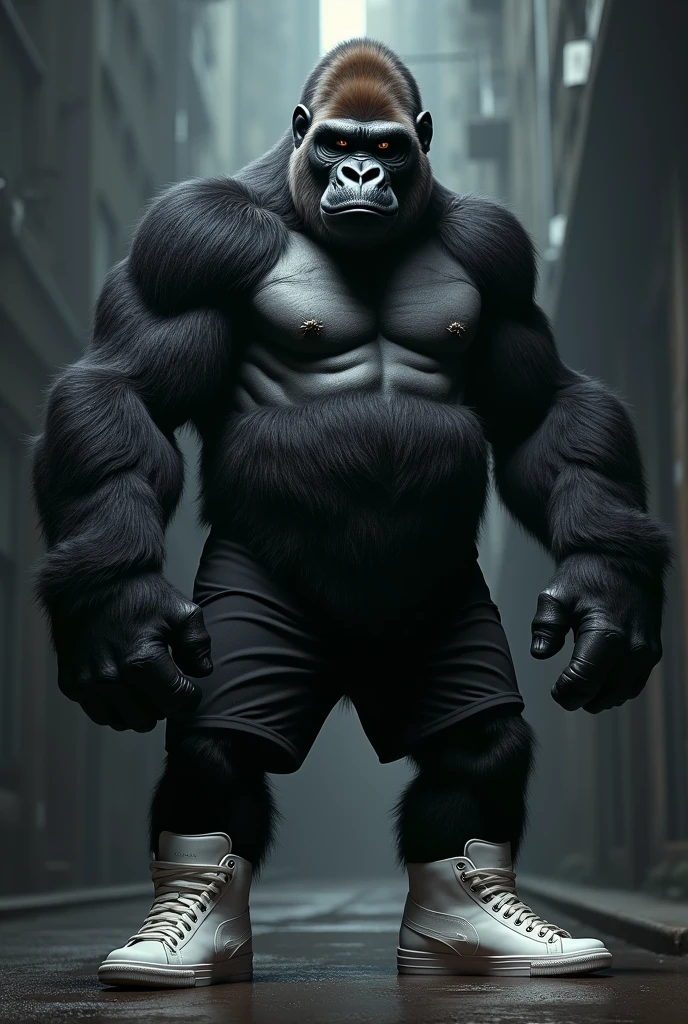 Gorilla in black coat and black shorts with white high top sneakers