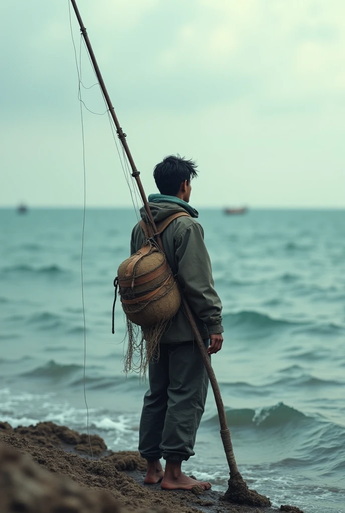 The young fisherman stood still.