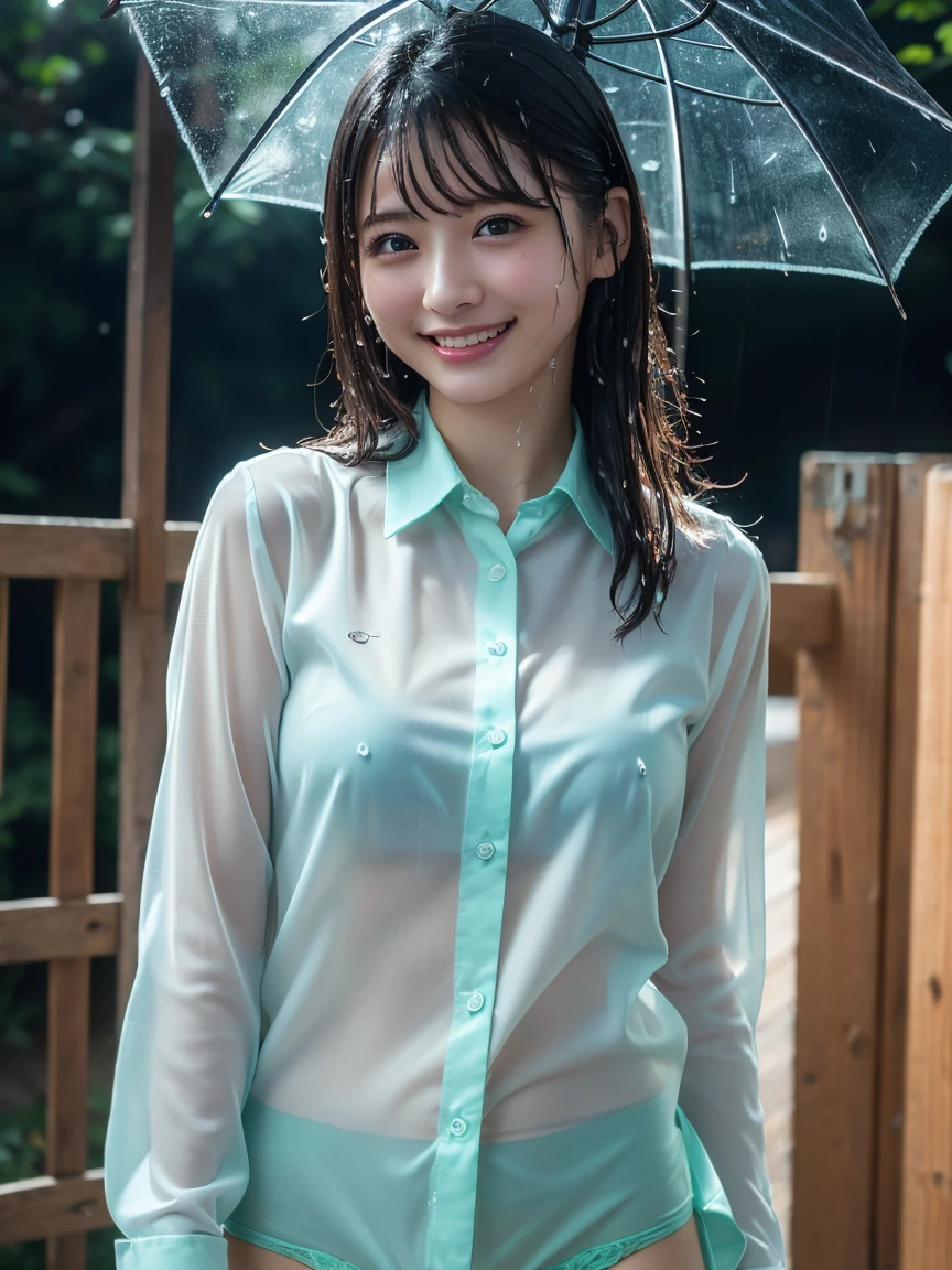 (8k, RAW Photos,Highest quality, High resolution:1.1), (Ultra-realistic:1.4),(Realistic, Realistic:1.3),The Beauty of Japan、Rainy Sky、((smile:1.3))、Soaking wet、Panties(Mint green:1.3), (Wet shirt、See-through:1.2)