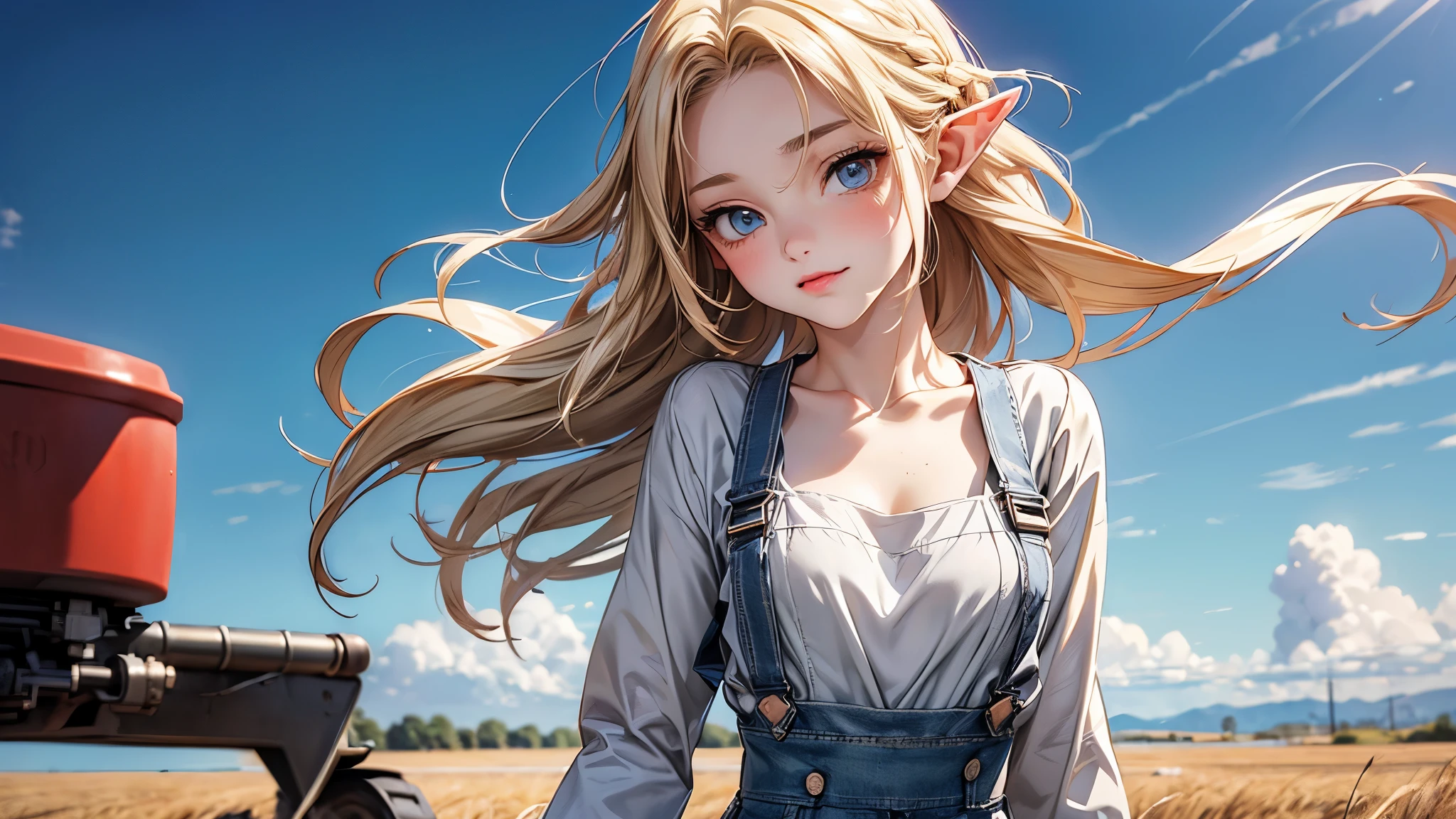 ((Masterpiece)), (Anime:1.5), ((best quality)), (RAW photo:1.2), (High Definition:1.3), (Professional Photography:1.2), (), (1girl), cute young girl, BREAK, (naughty face:1.3), (Beautiful daiamond eyes:1.5), (pale skin), elf girl, wearing Gray Workwear Coveralls, flat chest, slender waist, BREAK, (hair over eyes:1.2), Silky hair, medium hair, ((blond hair)), wearing Gray Workwear Coveralls, (in a wheat field among agricultural machinery), ((low-cut neckline)), (open clothing in the chest area), ((Ukrainian flag on the background in the field)), (Ukrainian flag on a flagpole)