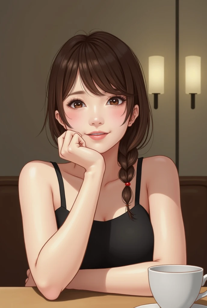 Highest quality、Japanese、1、(Hostess)、Brown Hair、cute、private、Off-shot、(Living Style:1.3)、(Selfie:1.3)、Selphy、(1 person)、(slender:1.2)、(Black camisole:1.2)、Cafe、smile、Resting one's chin on one's elbow