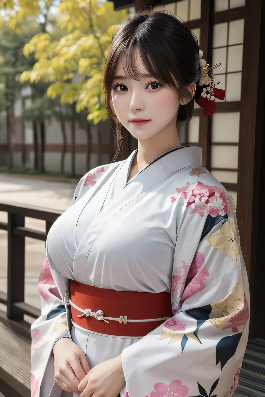 One Girl, 1 person,Highest quality,High resolution,超High resolution,8k,Realistic,Upper Body,encounter_audience,Large Breasts, the body is slim,(Kimono 1.2)