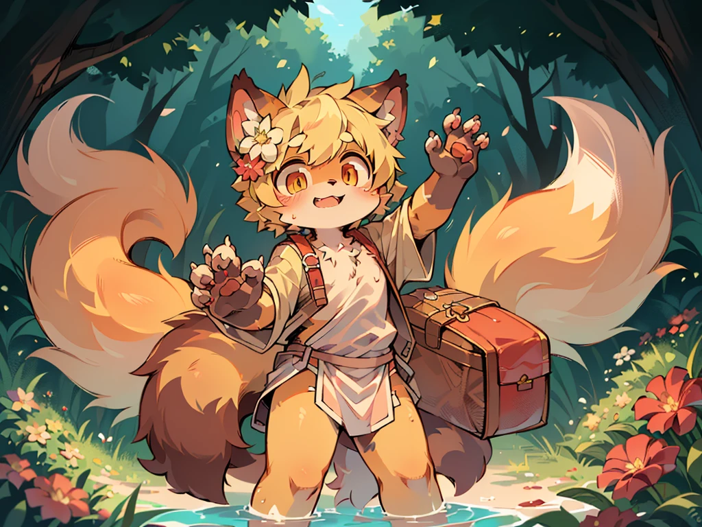 masterpiece,high quality,abstract res,number\(artwork\), From dagasi, Yes,Seizan,(Flower Charcoalo,Fluffy fur,character focus:1.1),Flower Charcoalo male cat,short hair,portrait , Bright eyes, panoramic, character focus.(Detailed background:0.7), solo, hairy, hairy male, Male focus, Masterpiece of time,high quality,abstract res,number\(artwork\), From dagasi, Yes,Seizan,(Flower Charcoalo,Fluffy fur,character focus:1.1),Human male fox，Bright eyes, panoramic, character focus.(Detailed background:0.6）, solo, hairy, hairy male, Male focus, Flower Charcoal,(Hairy all over, Hairy tail）fur，A -year boy，e，Hip bulge，Toddler，Blood-red pupils，A tail with a white tip，The ends of the limbs are white，Cute meat pads，Claw，cute boys，The ear tips are orange，Big hairy ears，Hairy big tail，Reasonable composition，Pale yellow hair，naked，Brown cloth bag，In the woods，Extremely fine water，White loincloth，Slightly reddened，Dress coolly，Blonde short hair，Thin children，Blonde hair，cute child，cute e adventurer，Be open-minded，Ultra-clear。