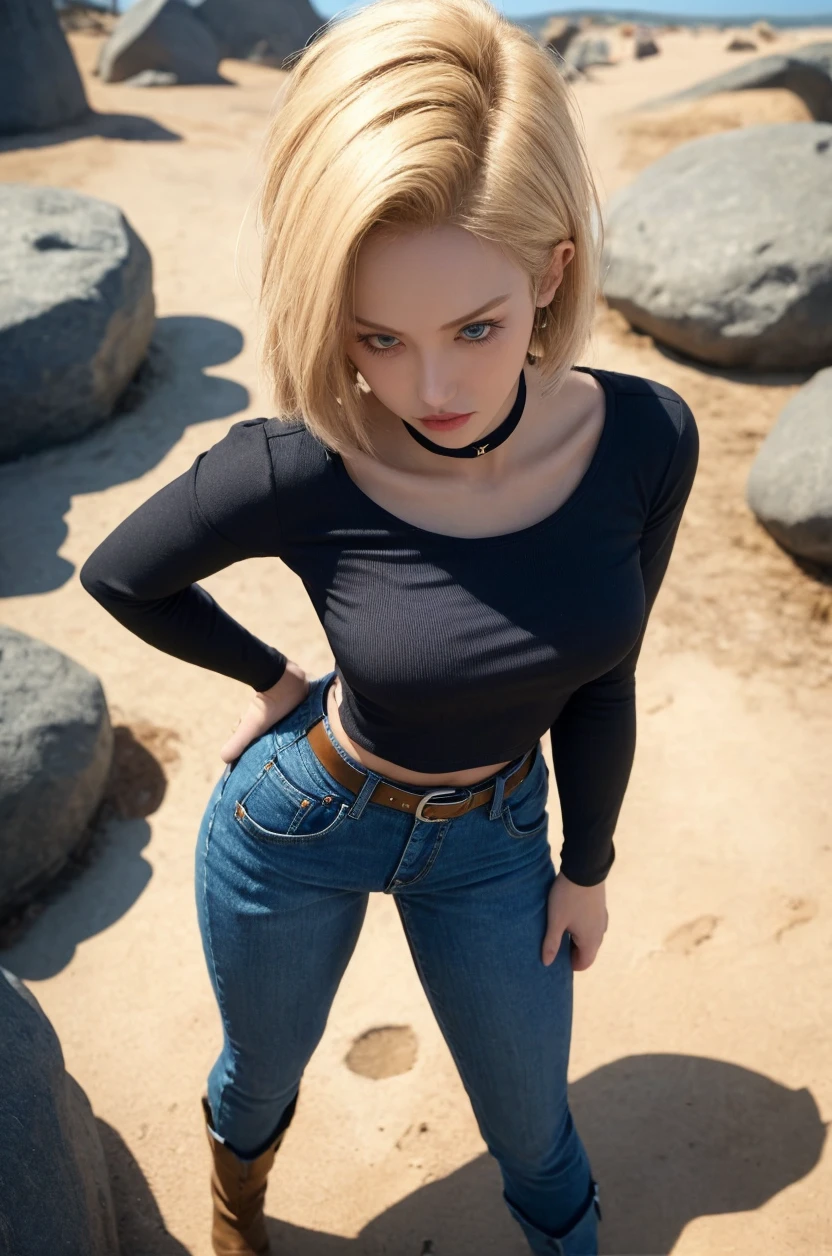 Katy Perry hair blonde es android18DB, ultrarealista, mezclilla vest:1.2), chaleco abierto, pantimedias negras, la camisa negra, mezclilla skirt, (mangas largas a rayas blancas), falda azul, pechos grandes, maderageki, sombreado suave,