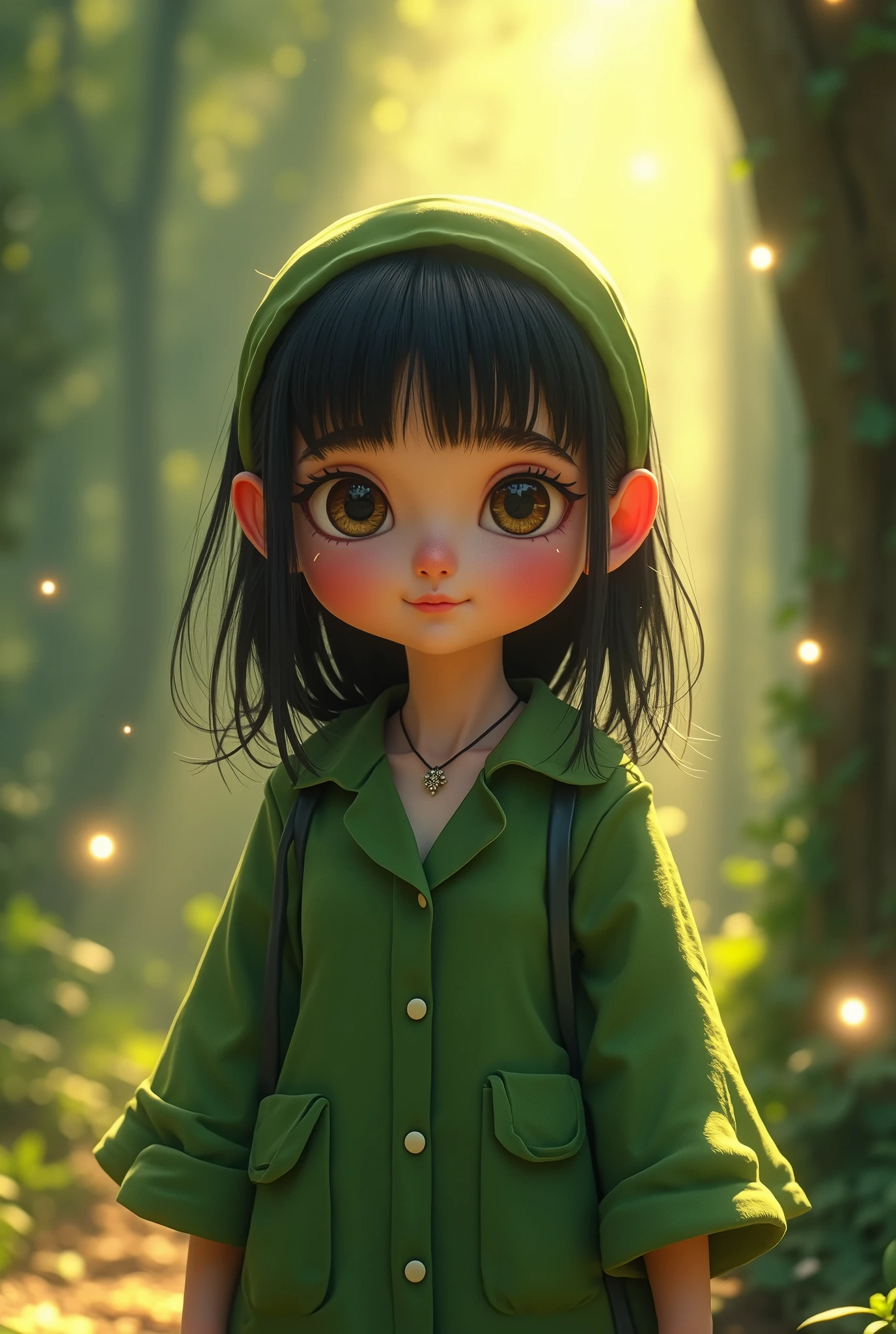 Simple green witch gown and big green shirt,Simple Green Witch Cute girl with big hat and headband, 귀여운 black hair 소녀, short stature, black hair , Green dressing gown, chapped lips,upper body, light particles, forest, intense sunlight,The effect of twinkling aerial lights,oversized shirt,lanthanum),masterpiece, top quality, Detailed skin texture, detailed cloth texture, Really detailed face, intricate details, very detailed, Regina Display, super detail, high details, high quality, best quality, highest resolution, 1080P, In 8K