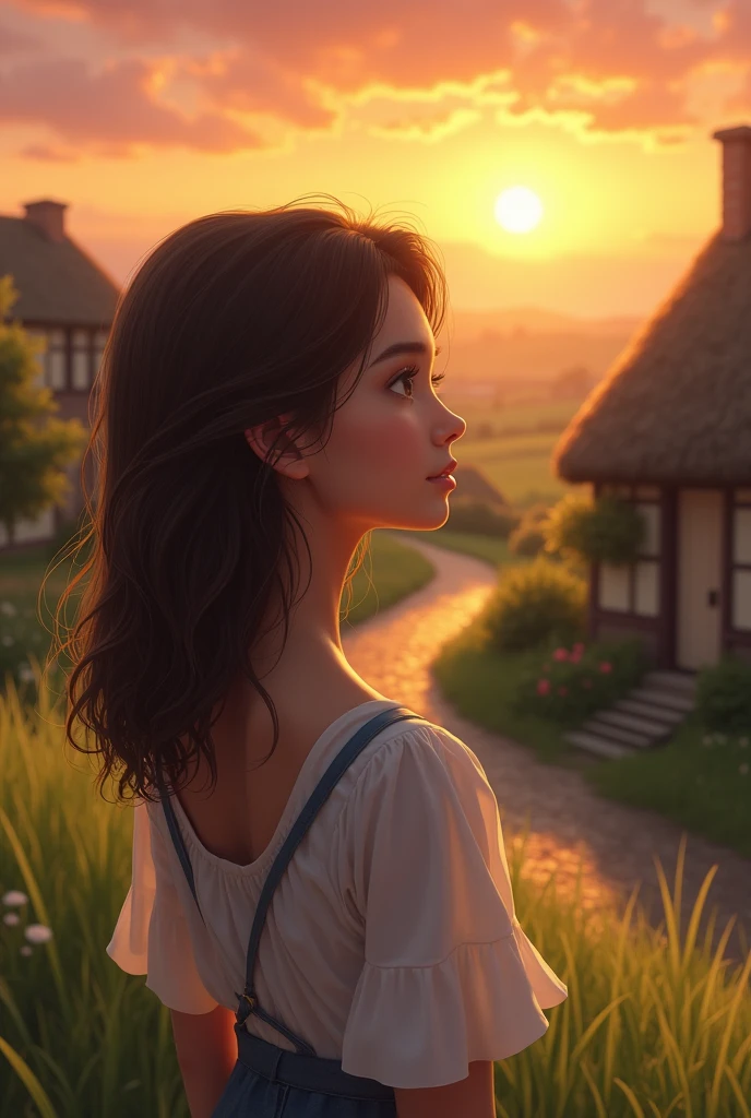 A brunette girl with wavy hair shoulder short hair that is a little bit over wight is looking at the sunset in her village. Make the Foto look very realistic 