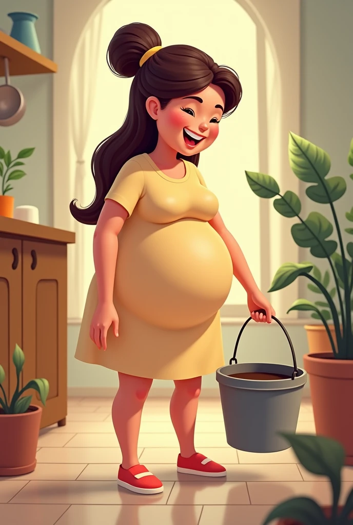 Cartoon image of a pregnant woman bending over to pick up a bucket 