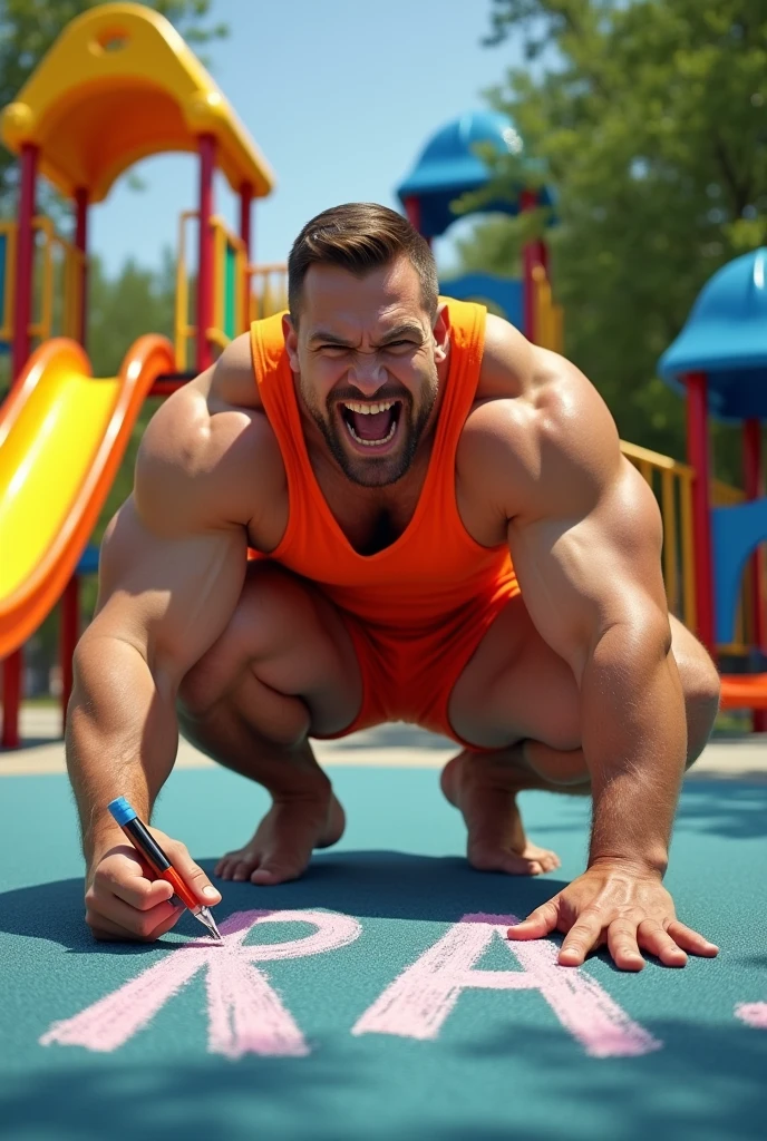 A highly muscular, enthusiastic man wearing a bright orange tank top and shorts is crouched down on a playground, drawing with oversized chalk on the asphalt. His exaggerated grin and intense expression add a comical and surreal effect. The playground features slides and climbing structures in the background, set in a sunny park. His muscles are exaggerated, making him appear almost cartoonish, and the large chalk letters B he's drawing create a playful and humorous atmosphere.