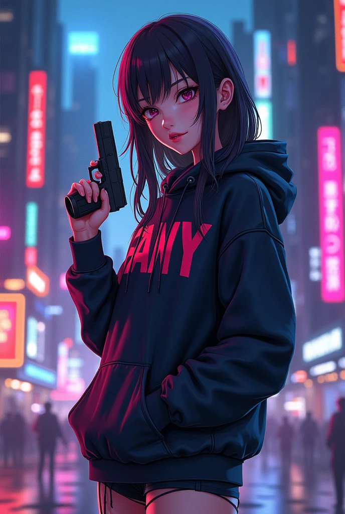 Create a character anime, {background: capital text “GLBK”, night city}, tanned skin, realistic, HDR, beautiful, japan style, full body, use piastol, age 20, hoodie HD text: “FANY”, female, long hair