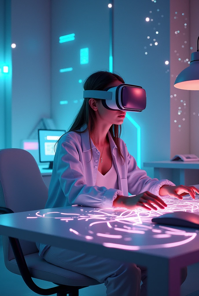 Beautiful image of a virtual reality artist in an office with spiritual energy light and lines surrounding 