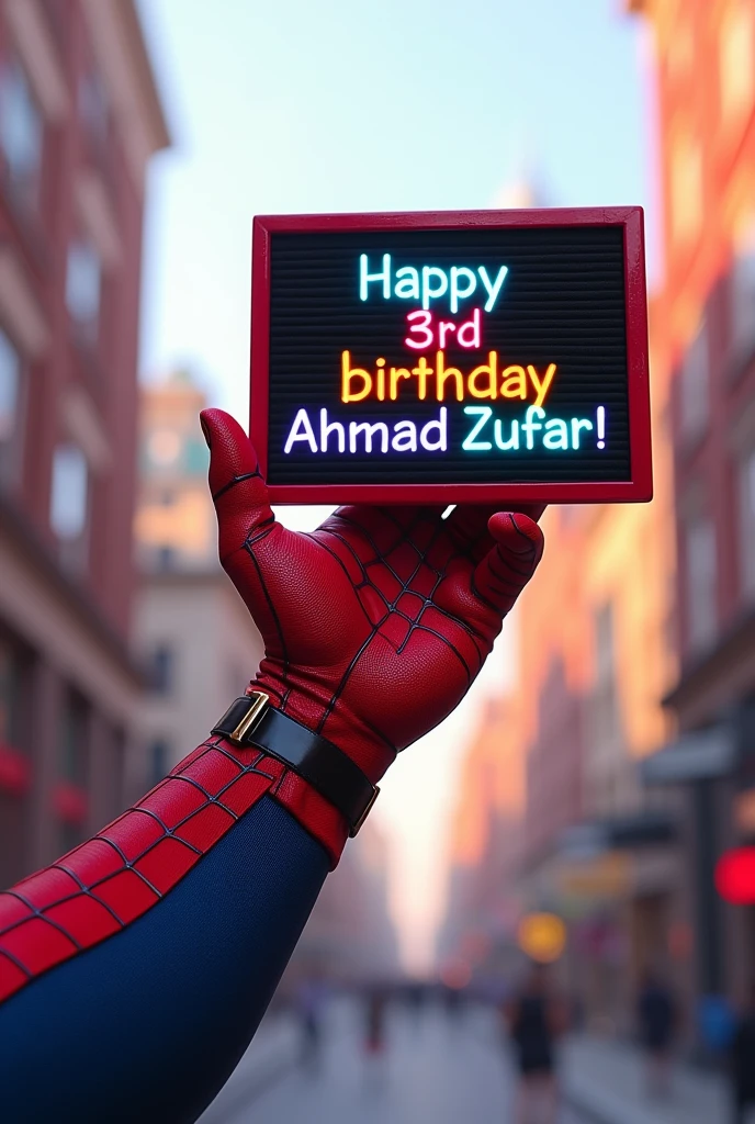 Spiderman hand pose and on other hand hold board state "Happy 3rd Birthday Ahmad Zufar!"