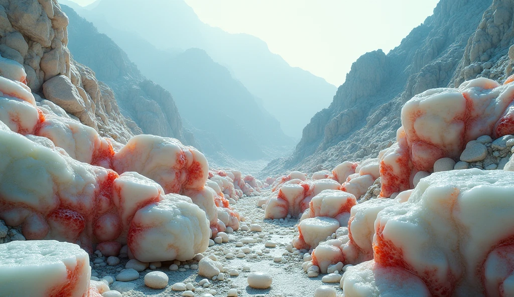 The mountain is rich in white jade，There are many colors like red and white ribbon texture，Needle puncture on nose，The big ones weigh more than 100 kilograms.（best quality，4K，8k，High level，masterpiece：1.2），Ultra Detailed，（lifelike，Photo real，Photo real：1.37）