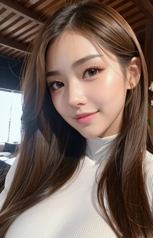 Latex bodysuit、Knee-high boots、Huge 、Long brown hair、Shiny, Oily skin、Glowing Skin、Indoor competition pool、White skin、(RAW Photos), (Realistic), (masterpiece), (Highest quality), High resolution, 8k resolution, (Intricate details), (Lightweight and voluminous), Portraiture, woman, Medium Hair, Straight hair, Layered Hair, Brown Hair, Highly detailed eye, Very thin eyebrows, Highly detailed skin, Highly detailed mouth, Highly detailed nose, Cute like an idol, smile, ((Thick lips)), ((look into the viewer'eye)), (Shapely breasts), (Cleavage), , (Westshot), Bright cafe terrace background with city view, Randomly oriented bodies