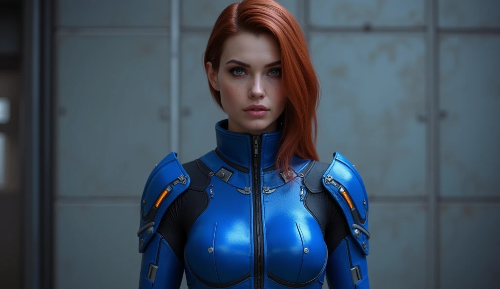 Woman dressed in a blue suit standing in front of a wall, wearing mass effect armor, Femshep, Comandante Shepard, mass effect style, inspired by Eve Ryder, mass effect inspired, mass effect fantasy, sigma woman, female character, mass effect, Gordon Freeman as a woman, attractive sci-fi face, quinn, bioware, female main character