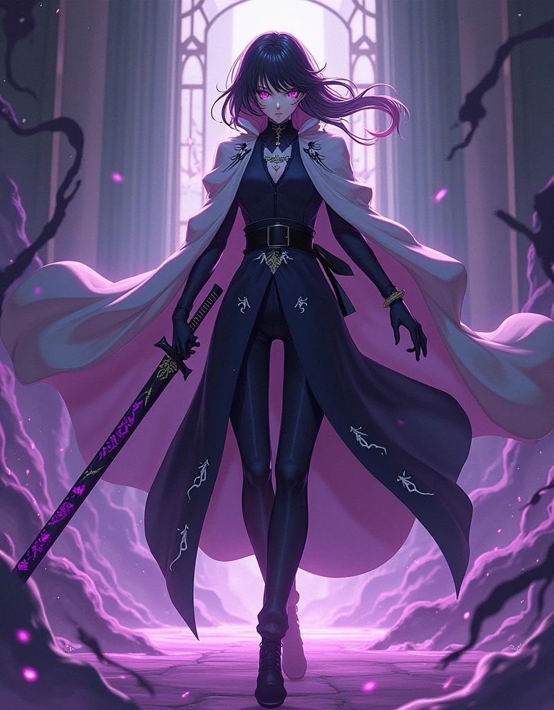 assistant from Kimetsu no Yaiba, with black hair, purple eyes, pale skin, wearing a dark uniform with a long, light cape, shadow markings on his body, and a glowing Hunter’s Mark combined with his Shadow Mark. In a powerful combat stance holding a Nichirin Sword with a deep black blade and purple glow, surrounded by an intense shadow aura."))