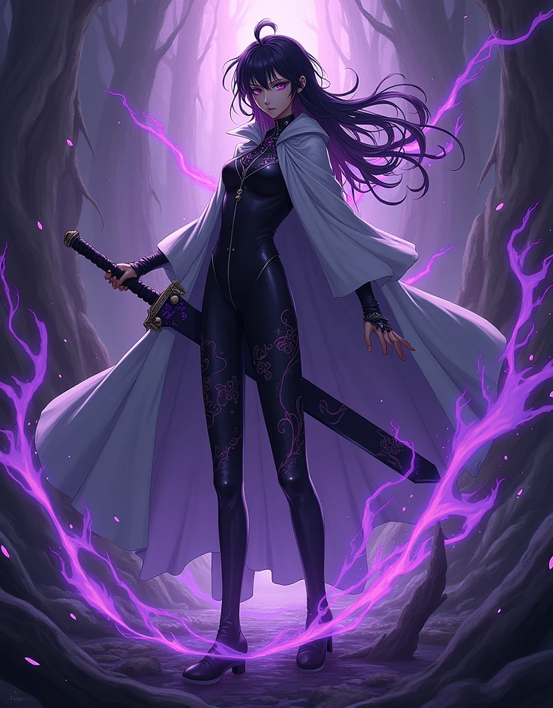 assistant from Kimetsu no Yaiba, with black hair, purple eyes, pale skin, wearing a dark uniform with a long, light cape, shadow markings on his body, and a glowing Hunter’s Mark combined with his Shadow Mark. In a powerful combat stance holding a Nichirin Sword with a deep black blade and purple glow, surrounded by an intense shadow aura.")) 