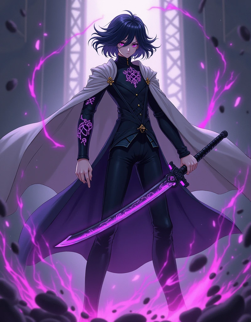 assistant from Kimetsu no Yaiba, with black hair, purple eyes, pale skin, wearing a dark uniform with a long, light cape, shadow markings on his body, and a glowing Hunter’s Mark combined with his Shadow Mark. In a powerful combat stance holding a Nichirin Sword with a deep black blade and purple glow, surrounded by an intense shadow aura.")) 