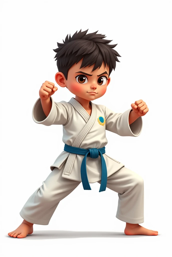 ((officially)) ((masterpiece)) ((Best quality)) ((detailed)) cartoon boy karateka in uniform with emblem flag of Kazakhstan in fighting stance on white background