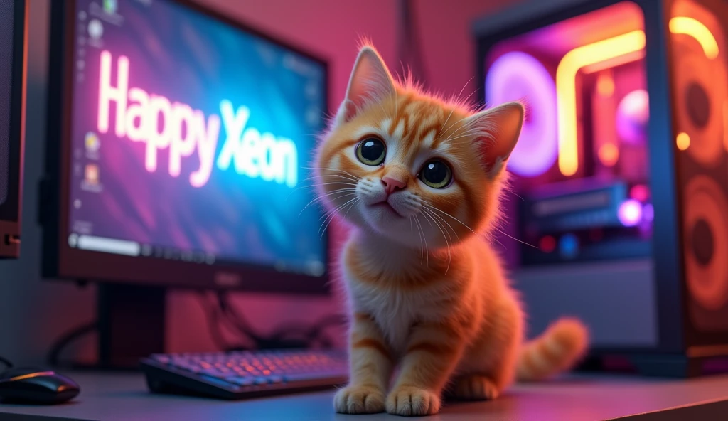 Cute orange cat, gaming computer, Happy Xeon text on the screen