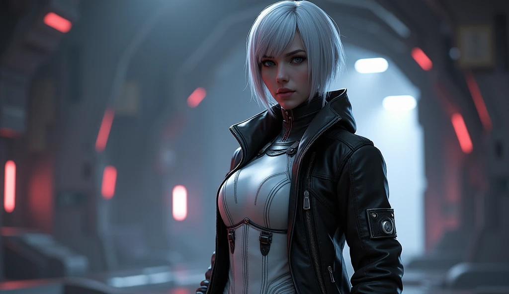 There is a woman in a white dress and a black jacket, Comandante Shepard, Using mass effect armor, Femshep, Gordon Freeman as a woman, inspired by Eve Ryder, Mass Effect style, female character, Mass Effect inspired, female main character, Fairy Shepard style art, crew member of a futuristic spaceship, quinn, sigma woman, white bangsblack hair, emma