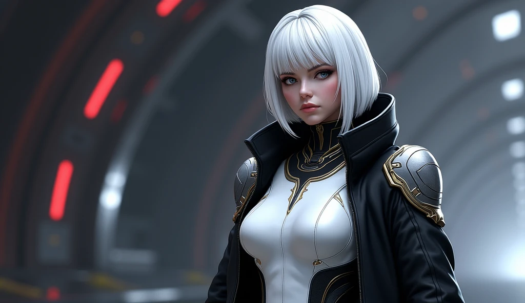 There is a woman in a white dress and a black jacket, Comandante Shepard, Using mass effect armor, Femshep, Gordon Freeman as a woman, inspired by Eve Ryder, Mass Effect style, female character, Mass Effect inspired, female main character, Fairy Shepard style art, crew member of a futuristic spaceship, quinn, sigma woman, white bangsblack hair, emma