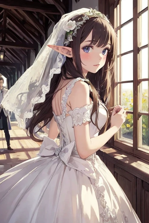 ((best quality)), ((masterpiece)), (detailed), 1girl, cute girl,elf,Wedding dress