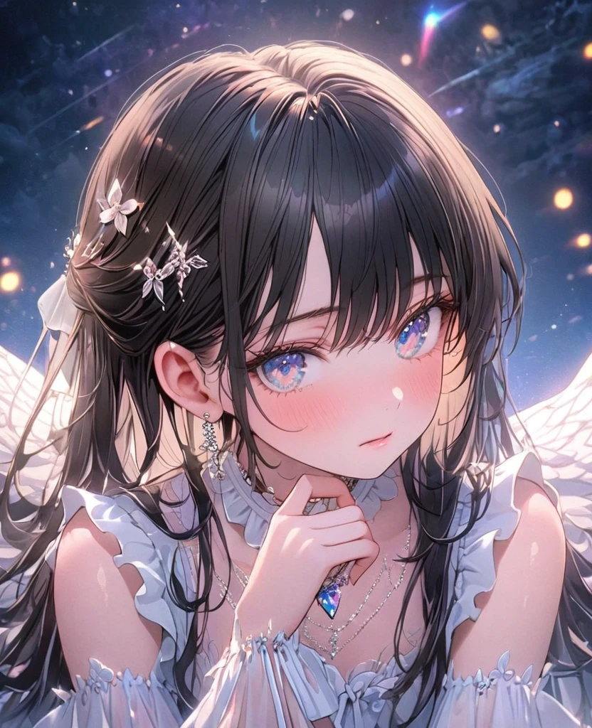 8k,Ephemeral beauty，Very delicate and beautiful,Beautiful and realistic skin,Shiny Hair,Black Hair、Long and colorful hair,Beautiful Eyes,Beautiful night sky、shy、ＮＯHair accessories Hair half up、small jewel pin、No earrings、No piercing、Shy、White frilly outfit