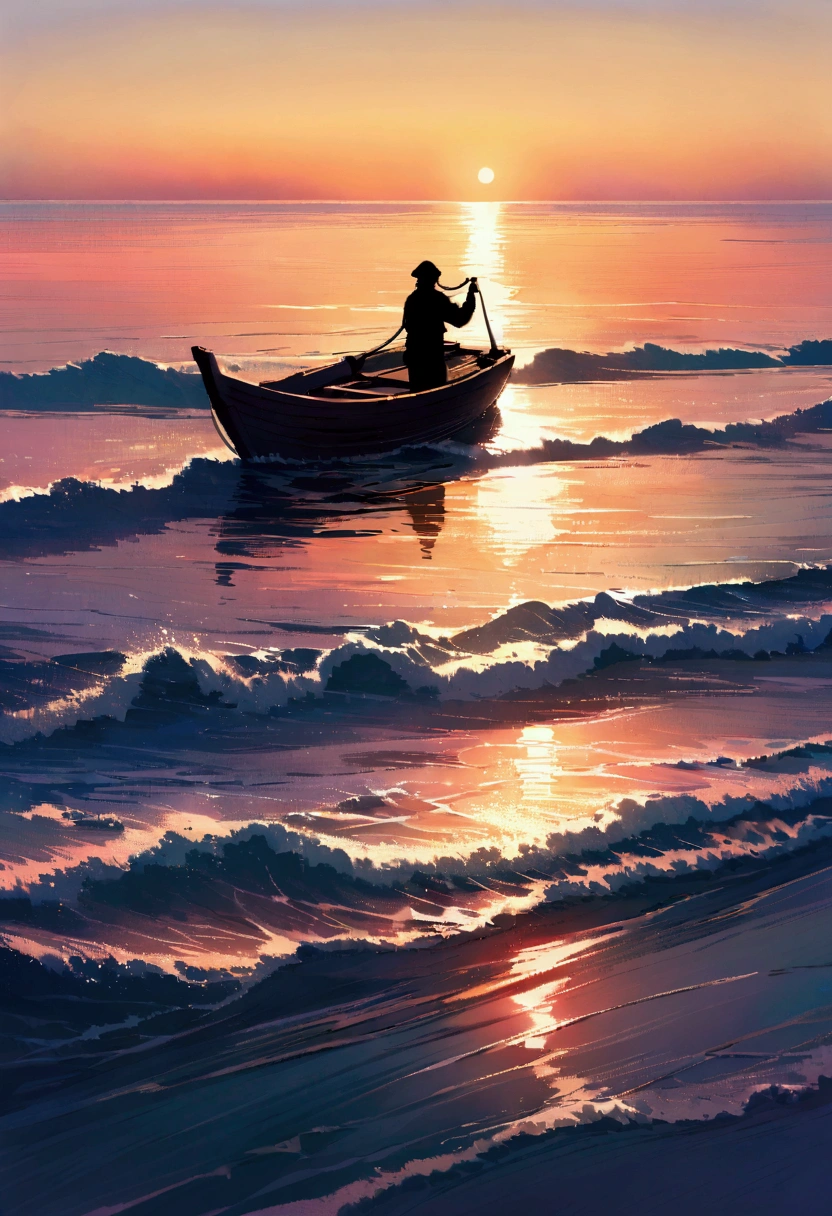 Morning Ocean, calm waters under the soft light of the rising sun. In the foreground is a fisherman in an old wooden boat., casting a net into the sea. There are light waves all around, reflecting the bright colours of dawn. The silhouette of the distant shore is visible on the horizon. An atmosphere of tranquility and harmony with nature