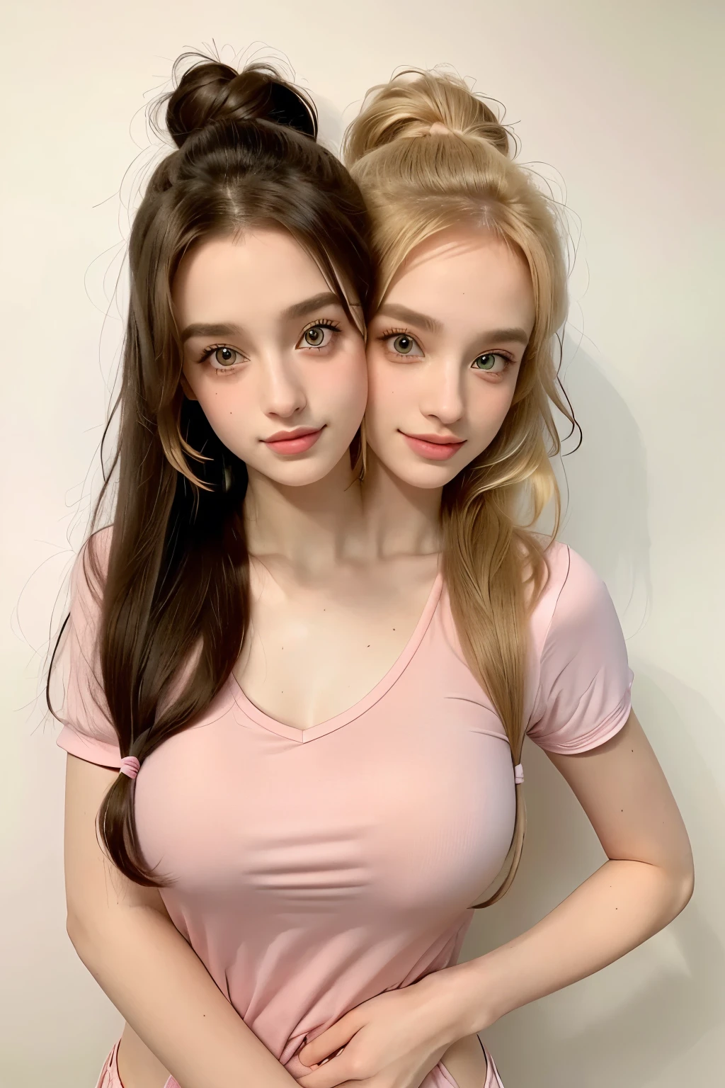 2 blonde girls , Beautiful, Baby symmetric Face, 17 Years Old,,enormous Breasts ,wearing a collar with a leash and chains, posing For a selfie in front of a mirror  in The Bedroom, long blonde curly and wavy bonde Hair in a ponytail adorable masterpiece yellow honey colored eyes , seductive legs very thick hourglass figure body, ass 3/4 view, dark eyeliner close up, at night, closeup ((tattoos)),
