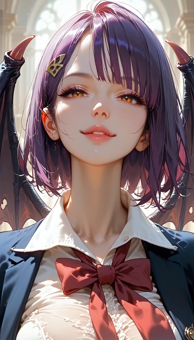 score_9, score_8_up,score_7_up,masterpiece, best quality, perfect anatomy, very aesthetic, official art, 8k,1girl, eyelashes,lips gloss,seductive smile,demon_girl,demon_wings,majestic wings,purple hair,short hair,bob hair,large_breasts, hairclip, school uniform, night town