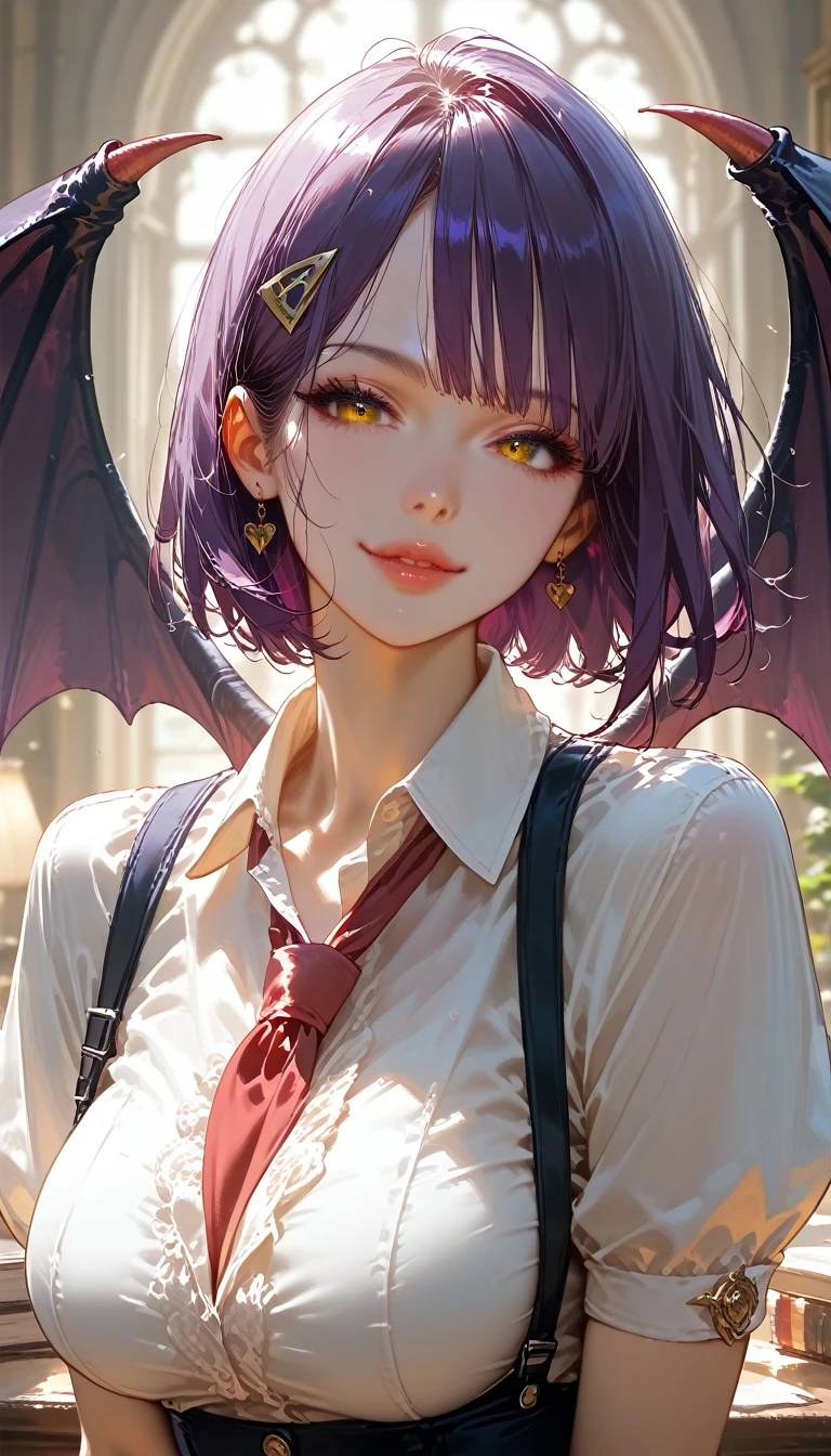 score_9, score_8_up,score_7_up,masterpiece, best quality, perfect anatomy, very aesthetic, official art, 8k,1girl, eyelashes,lips gloss,seductive smile,demon_girl,demon_wings,majestic wings,purple hair,short hair,bob hair,large_breasts, hairclip, school uniform, night town