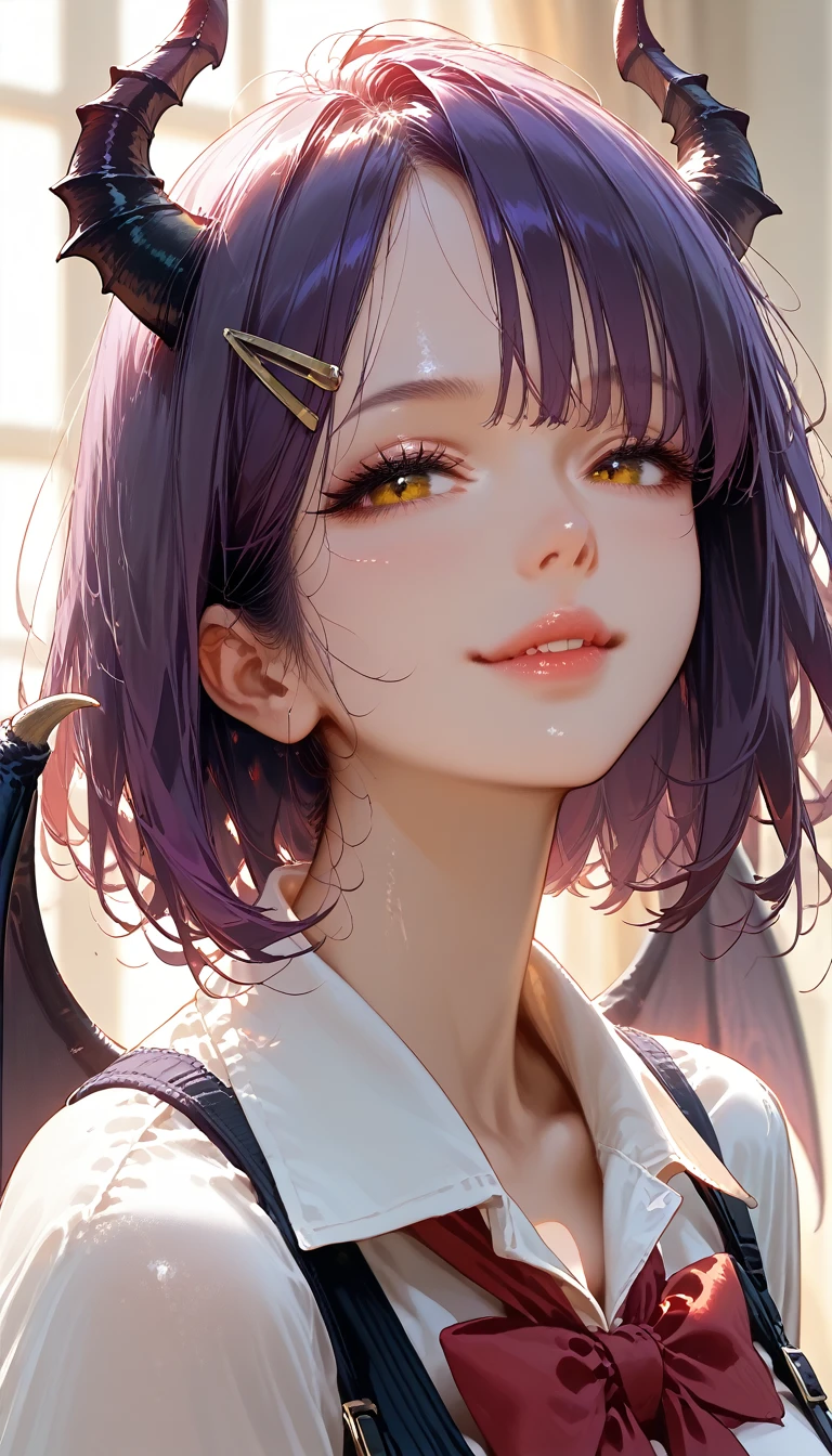 score_9, score_8_up,score_7_up,masterpiece, best quality, perfect anatomy, very aesthetic, official art, 8k,1girl, eyelashes,lips gloss,seductive smile,demon_girl,demon_wings,majestic wings,purple hair,short hair,bob hair,large_breasts, hairclip, school uniform, night town