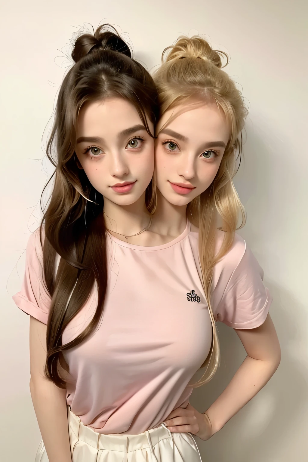 (2heads:1.2), two women in pink shirts posing for a picture with their hands on their hips, joey king, beautiful gemini twins portrait, beautiful gemini twins, she has two ponytails, sophie turner girl, two pigtails hairstyle, her hair is in a pony tail, half updo hairstyle, blonde hair with a pony tail, with same hairstyle, gorgeous kacey rohl