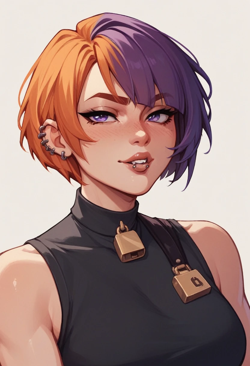 A girl, ginger with short hair (one purple hair lock), who wear black baggy clothes and have a lip ring piercing. She have a kinda dark make up.