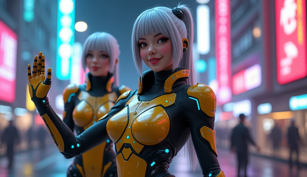 (best quality,8k,highres,masterpiece:1.2),ultra-detailed,(realistic,photorealistic,photo-realistic:1.37),cyberpunk objects,1girl,perfect body,big breast,gold hair color ,long hair,beautiful faces,angel face, red lips,tide dress,futuristic lighting,cyberpunk style,neon colors, focusing on face features, big butt, future environment, android city, sexy girl, robot