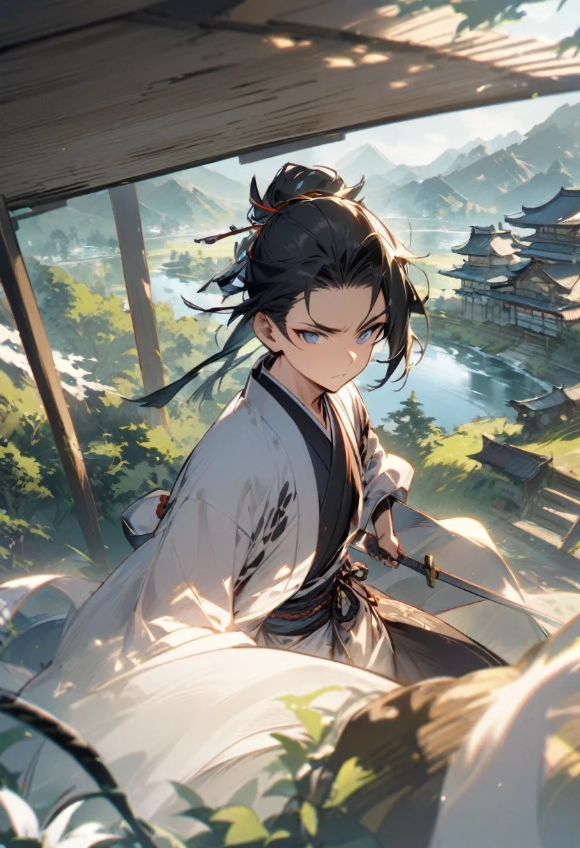 A young samurai is training with his family、A sense of severity in a serene landscape