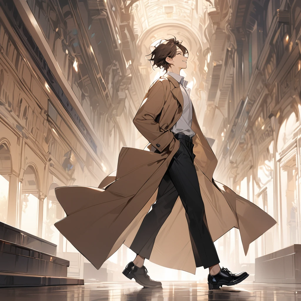 ((Top Quality)), ((Masterpiece)), Perfect Face, White Collared Shirt. A 20-year-old man with brown hair and a brown coat. smile. run. black long pants. black shoes. Whole body. profile.