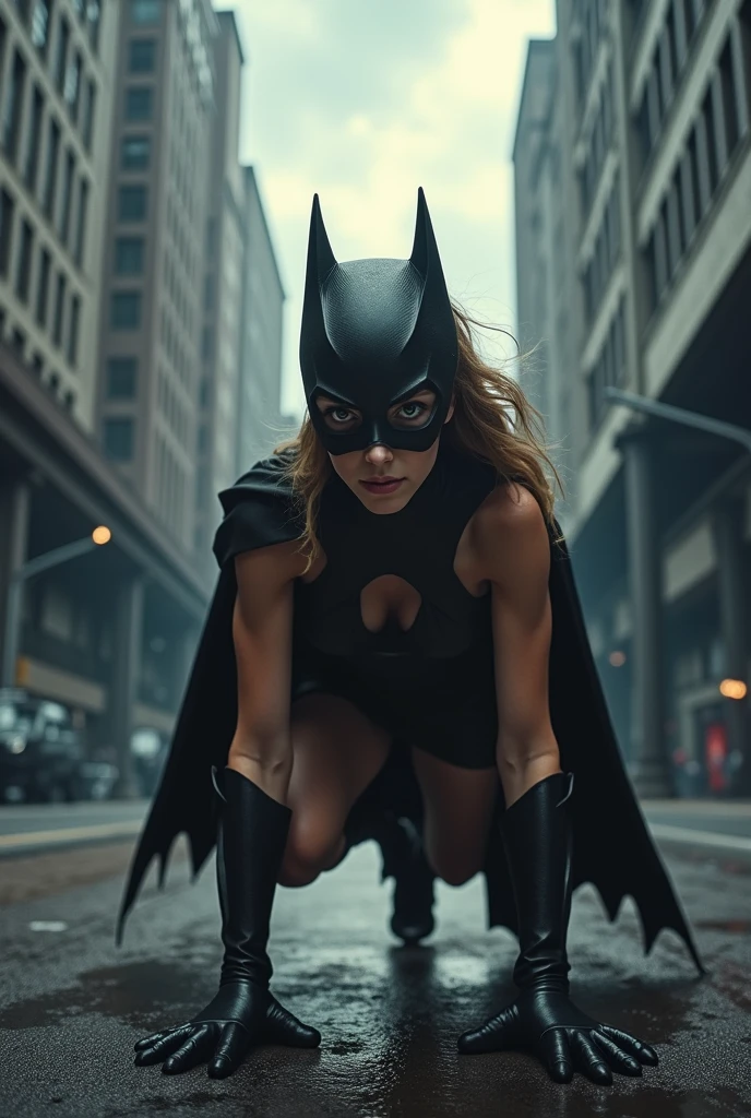 A batkid girl doing push ups with Superman 