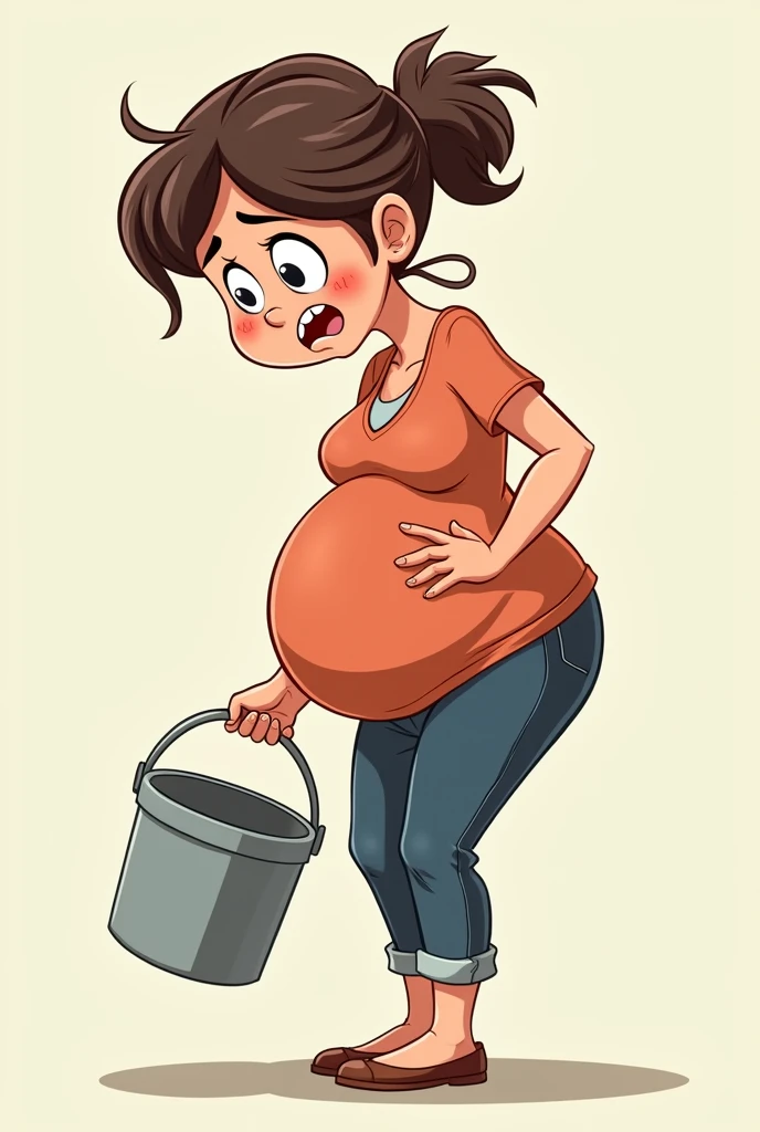 Cartoon image of a pregnant woman bending over to pick up a bucket with a tired face