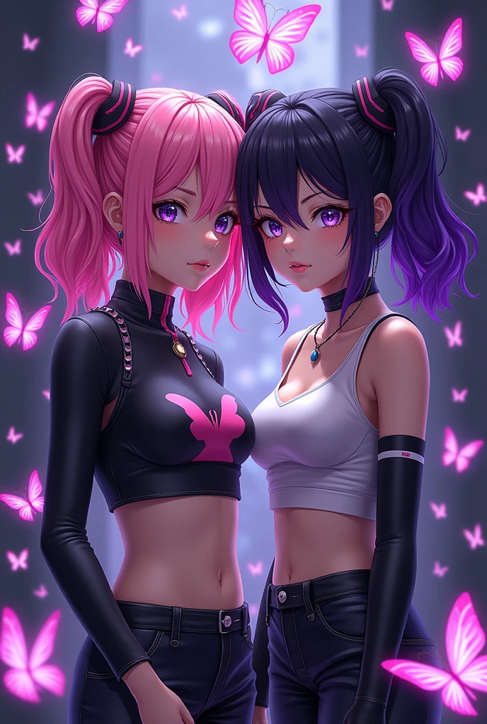 girl hair pink with black and friend girl hair black with purple , butterflies purples , anime HD , oufit futurista, crop top, match icon, ambient dark